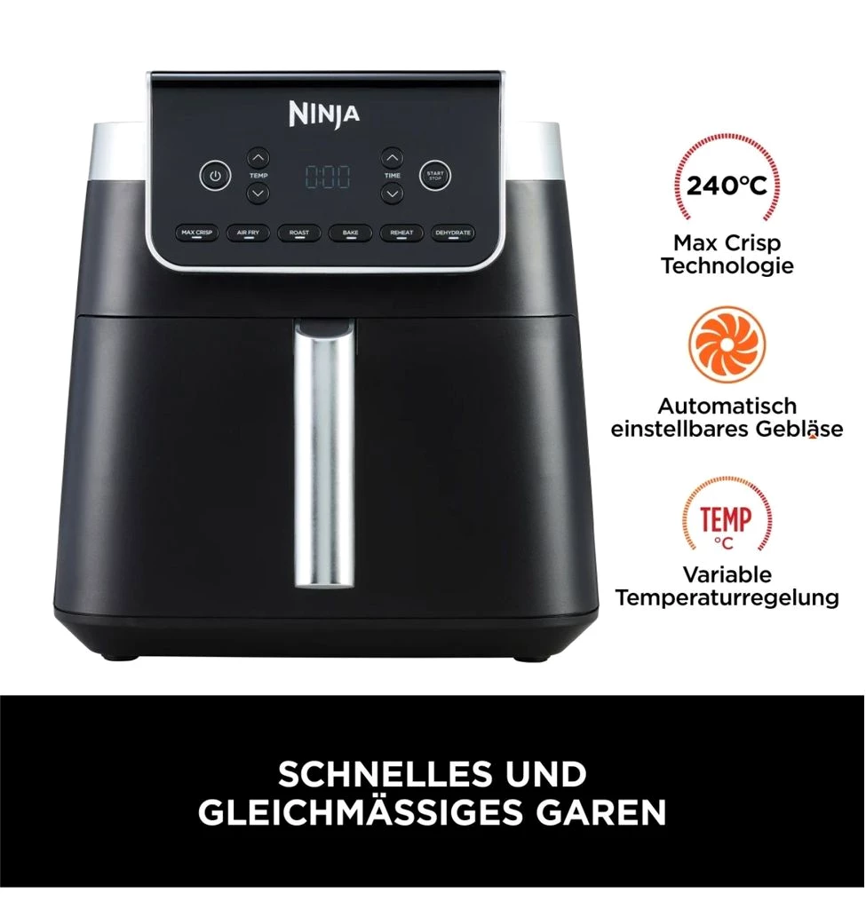 NINJA Heißluftfritteuse MAX PRO 6in1 Airfryer Heissluftfritteuse XXL 6,2L Fritteuse 60mi Timer