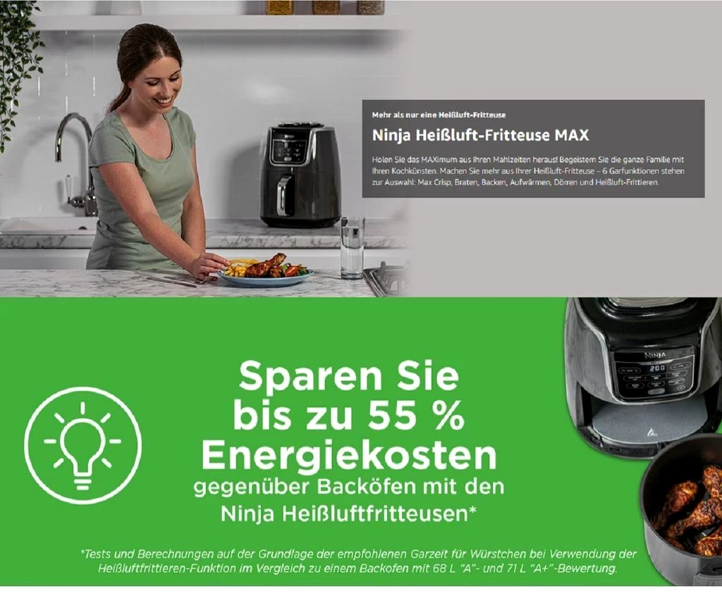 NINJA Heißluftfritteuse MAX 5in1 Airfryer Heissluftfritteuse XXL 5,2L Fritteuse 60 min Timer